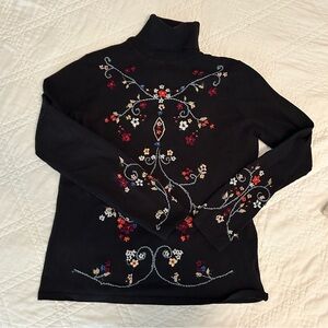 Black Turtleneck Top with Floral Embroidery
